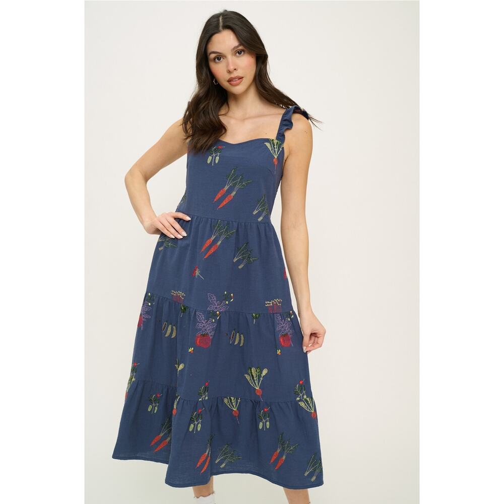 SM Wardrobe Navy Size Large Veggie Garden Embroidered Dress